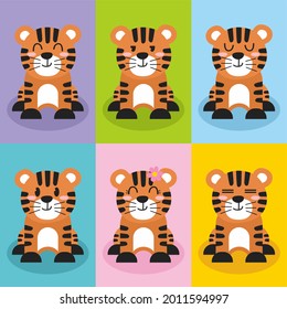 Set of cute tiger character cartoon illustration flat design concept