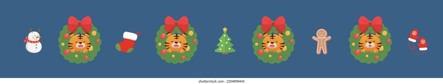 Set of cute tiger character mascot with christmas wreath with christmas elements, can be used for greeting card invitation card xmas card