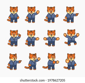 Conjunto de personajes tigres bonitos en traje de negocios que muestran varios gestos a mano. Tigre alegre señalando, saludando, mostrando el pulgar arriba, parando la mano y otros gestos. Conjunto de ilustraciones de vectores
