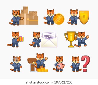 Set of cute tiger characters in business suit showing various actions. Cheerful tiger standing near parcel boxes, big coin, shield, letter, treasure chest. Vector illustration bundle