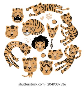 Set of cute tiger characters in full body and portraits in various poses. For children decor, nursery design, banner, emblem, pattern