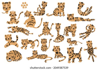 Set of cute tiger characters in full body in various poses. For children decor, nursery design, banner, emblem, pattern