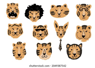 Set of cute tiger characters portraits in various emotions. For children decor, nursery design, banner, emblem, pattern