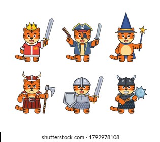 Set of cute tiger characters in various fantasy or medieval outfits. Tiger king, pirate, wizard, viking, knight and soldier. Vector illustration bundle