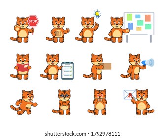 Set of cute tiger characters in various situations. Cheerful tiger holding stop sign, parcel box, reading book, running and showing other actions. Vector illustration bundle