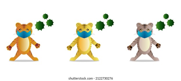 Set of Cute Tiger Characters Wearing a Mask Protect from Virus