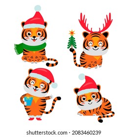 conjunto de lindos cachorros de tigre vestidos como Santa Claus. El año 2022 del tigre es un símbolo del año nuevo en el calendario chino. ilustración vectorial aislada en fondo blanco.