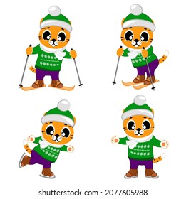 A set of cute tiger cubs skiing and skating in different poses. Cartoon vector illustration for children