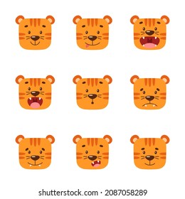 Set of cute tiger faces. Muzzle of a wild animal with a variety of emotions and expressions. Little cartoon wild cat. Symbol of the Chinese New Year. Print for baby clothes, design element for toys.