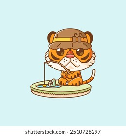 set Cute tiger fishing fish on island kawaii chibi character mascot illustration outline style design