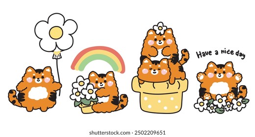 Set of cute tiger with flower in various poses.Floral.Blooming.Nature.Spring.Balloon.Rainbow.Wild animal character cartoon design.Kawaii.Vector.Illustration.