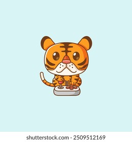 set Cute tiger Gamer Playing Game with joystick kawaii chibi character mascot illustration outline design