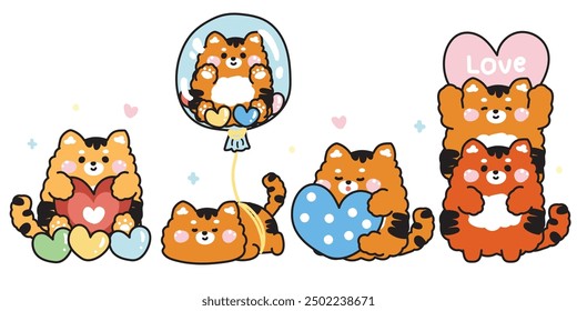 Set of cute tiger with heart in various poses.Balloon.Valentines day.Love.Wild animal character cartoon design.Kawaii.Vector.Illustration.