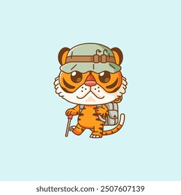 Set Cute tiger hiking camp kawaii chibi character mascot illustration outline style design