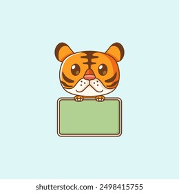 set Cute tiger hold blank space board banner kawaii chibi character mascot illustration outline style