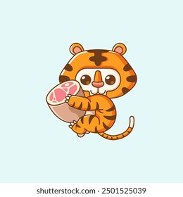 set Cute tiger hug meat hanging kawaii chibi character mascot illustration outline style