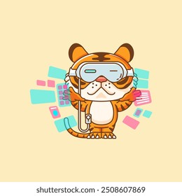 set tigre bonito interagir óculos de realidade virtual vr kawaii chibi personagem mascote ilustração esboço estilo design