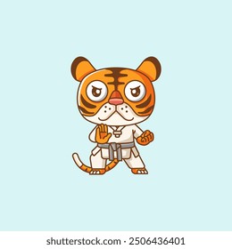 set Cute tiger Karate training martial art kawaii chibi character mascot animal sport illustration outline design Icon