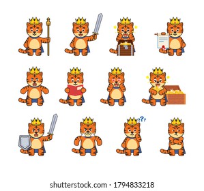Set of cute tiger king characters in various situations. Cheerful tiger king reading book, holding scroll, treasure coins, sword and showing other actions. Vector illustration bundle