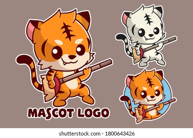 set of cute tiger mascot logo with optional apprearance. premium kawaii vector