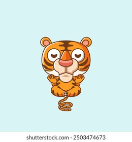 set Cute tiger meditation yoga kawaii chibi character mascot illustration outline style design