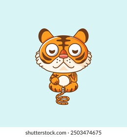 set Cute tiger meditation yoga kawaii chibi character mascot illustration outline style design