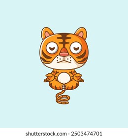 set Cute tiger meditation yoga kawaii chibi character mascot illustration outline style design