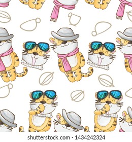 Set. Cute tiger pattern set. Hand drawn baby tiger pattern. Seamless Pattern animal cartoon-vector