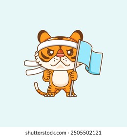 set süß tiger shouting mit der flagge und kopfband kawaii chibi charakter maskottchen grafik umriss stil design