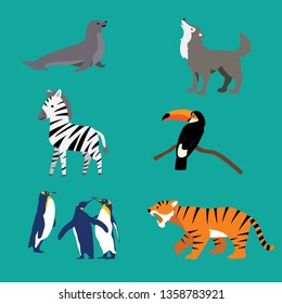 Set Cute of tiger, toucan, seals, wolf, zebra and penguin with cartoon flat style
