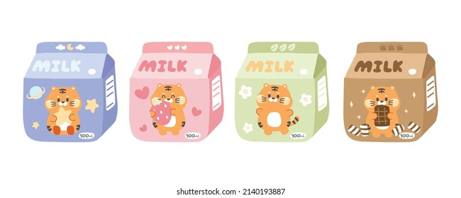 Set of cute tiger in various poses on milk box cartoon.Animal character design.Kawaii food.Fresh,strawberry,green tea,chocolate flavor.Baby graphic design.Vector.Illustration.