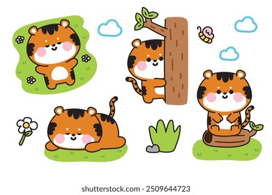 Conjunto de tigre bonito em várias poses em jugle.Nature.Flower,borboleta,nuvem,mão de vidro desenhado.Personagem animal selvagem design.Kawaii.Vetor.Illustration.