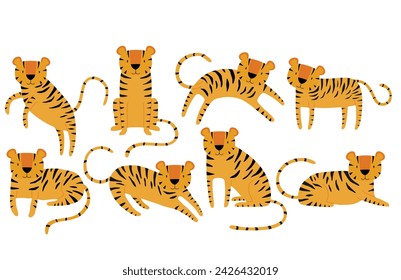 set of cute tiger vector illustration. Hand drawn cute print.