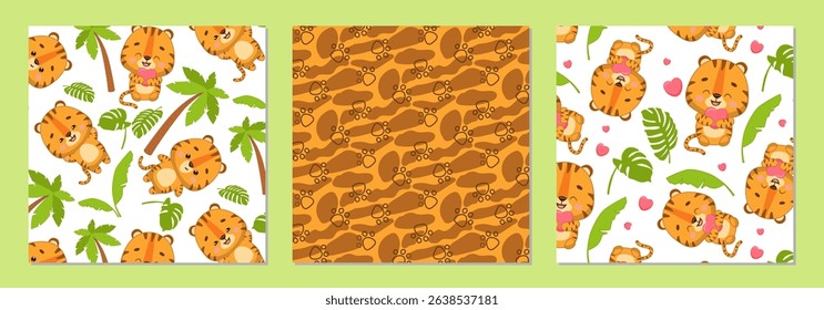 Set. Cute tiger vector patterns featuring playful tigers and tropical elements. Includes paw prints and vibrant leaves in three seamless, kid-friendly designs perfect for fabric and decor.