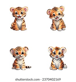 set of cute tiger watercolor illustrations for printing on baby clothes, sticker, postcards, baby showers, apps, games and books, Safari jungle animals vector