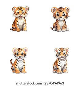 set of cute tiger watercolor illustrations for printing on baby clothes, sticker, postcards, baby showers, games and books, safari jungle animals vector