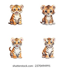 set of cute tiger watercolor illustrations for printing on baby clothes, sticker, postcards, baby showers, games and books, safari jungle animals vector