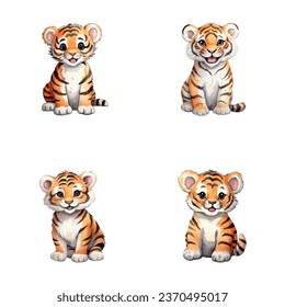 set of cute tiger watercolor illustrations for printing on baby clothes, sticker, postcards, baby showers, games and books, safari jungle animals vector