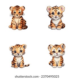 set of cute tiger watercolor illustrations for printing on baby clothes, sticker, postcards, baby showers, games and books, safari jungle animals vector