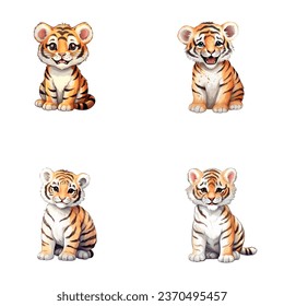 set of cute tiger watercolor illustrations for printing on baby clothes, sticker, postcards, baby showers, games and books, safari jungle animals vector