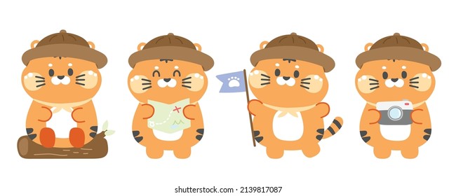 Set of cute tiger wear jungle travel costume in camp concept.Wild animal.Summer.Kawaii.Vector.Illustration.