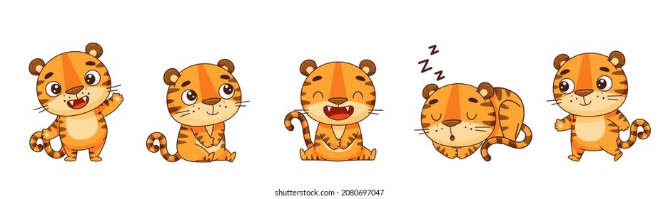 Set of cute tigers in cartoon style say hello, sit, laughs, sleep, go. Isolated on white. Vector illustration