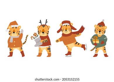 Set of cute tigers characters. The symbol of 2022. Christmas. Flat style. Isolated on a white background. Vector illustration.