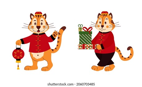 Set of cute tigers in Chinese costumes with a flashlight and gifts. For congratulations, postcards, posters. Cartoon vector illustration symbol of Chinese 2022.