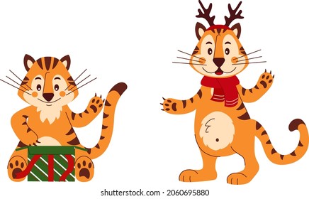 Set of cute tigers. For congratulations, cards, posters. Cartoon vector illustration symbol of Chinese 2022.