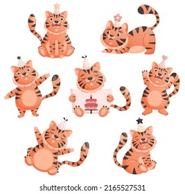 Set of cute tigers in different poses in cartoon style. Vector illustration of wild striped tigers with happy birthday hats.