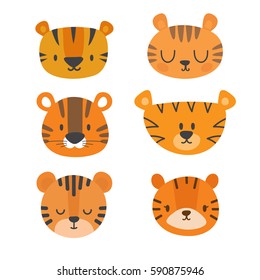 Set of cute tigers. Funny doodle animals. Little tiger in cartoon style. Vector illustration