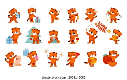 Set of cute tigers. Happy Chinese New Year. Vector illustration in cartoon style. Isolated on a white background.