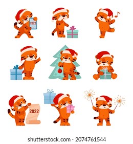 Set of cute tigers in santa hat. Happy New Year. Vector illustration in cartoon style. Isolated on a white background.