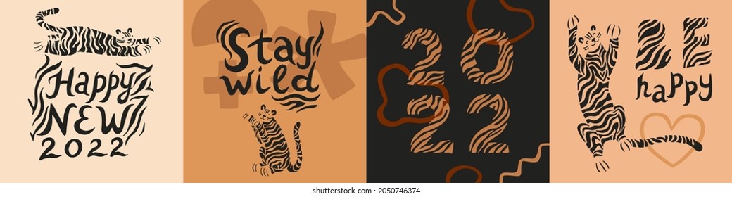 Set of cute tigers in simple abstract style. Modern greeting cards. Chinese 2022 year sign. Asian style vector illustration print. Poster, social media. Year of the Tiger 2022. Hand drawn lettering. 